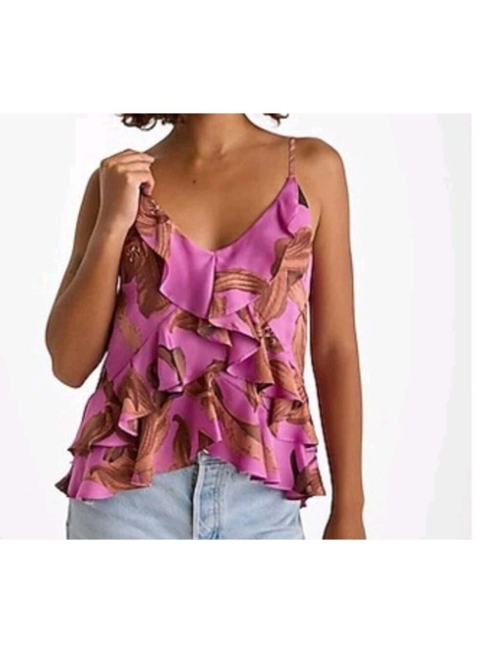 Express Satin Floral Ruffle Tank Top Size XS Downtown Cami Purple Assimetrical